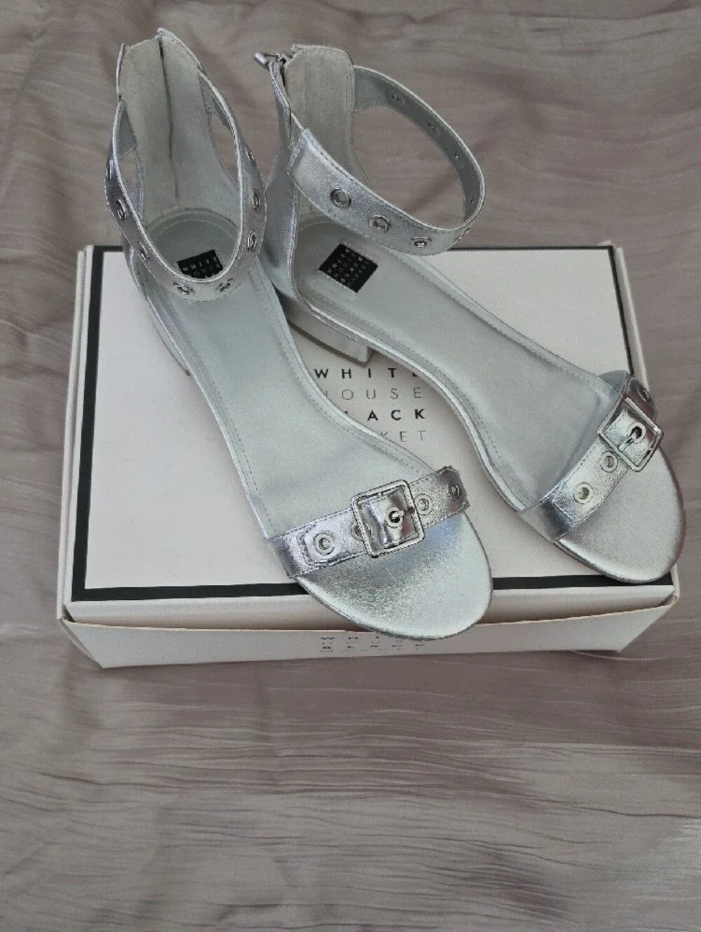 White House Black Market Metallic Silver Ankle-Strap Heels